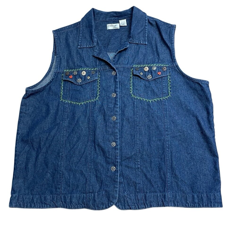 ALLISON LANE DENIM VEST BUTTON UP EMBROIDERED BUTTONS BLUE JEAN SUMMER SIZE 2X